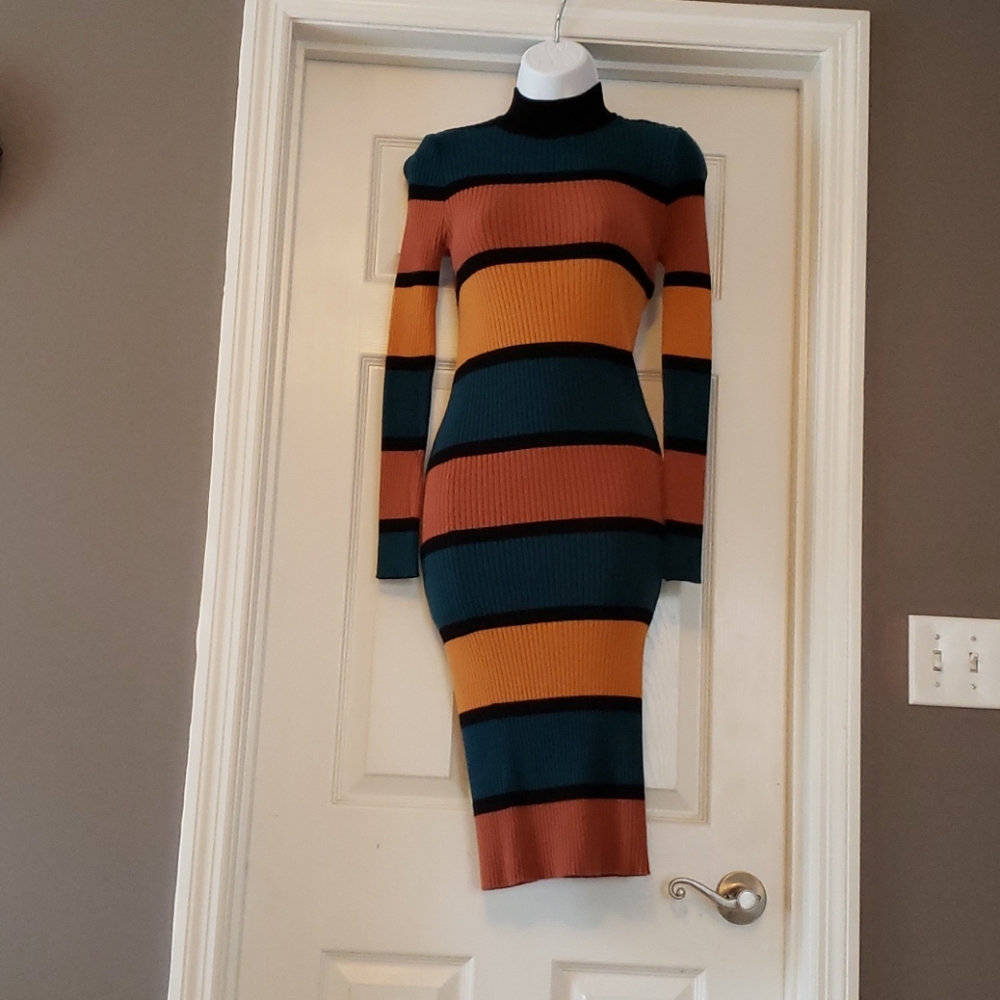 Autumn mock neck ribbed midi dress